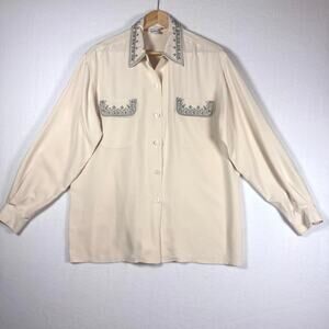 VINTAGE Nancy Crystal 100% Silk Embroidered Minimalist Button Up Shirt Size 8